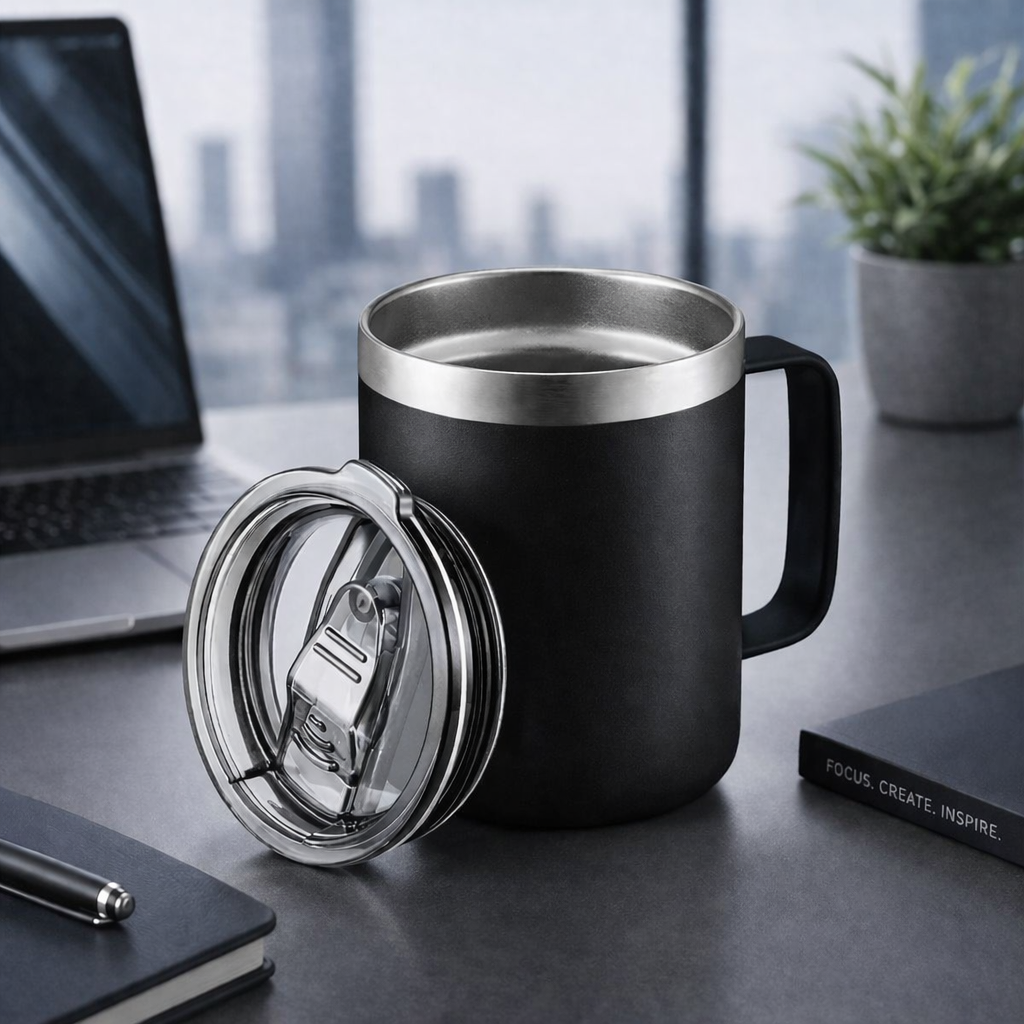 Black insulated mug with a silver lid on a desk with a laptop and notebook in an office setting.