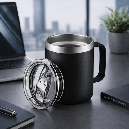 Black insulated mug with a silver lid on a desk with a laptop and notebook in an office setting.