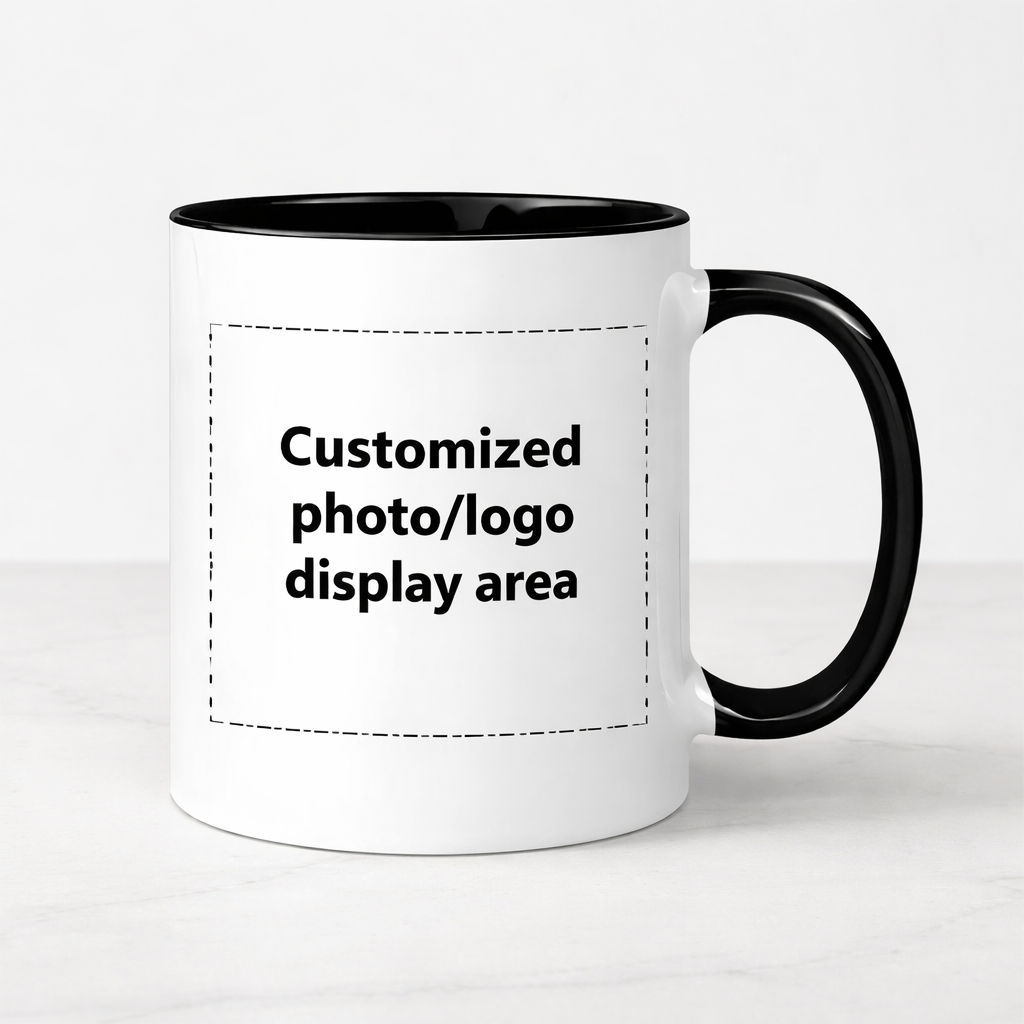 White mug with black handle and interior, featuring a customizable photo/logo display area text.