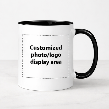 White mug with black handle and interior, featuring a customizable photo/logo display area text.