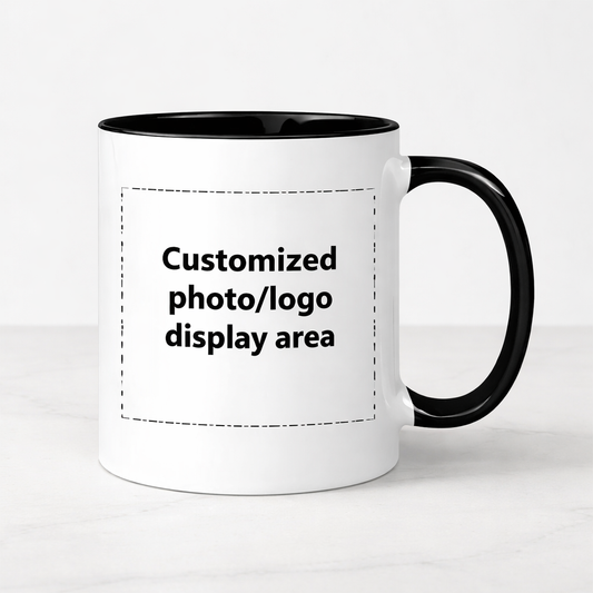 White mug with black handle and interior, featuring a customizable photo/logo display area text.