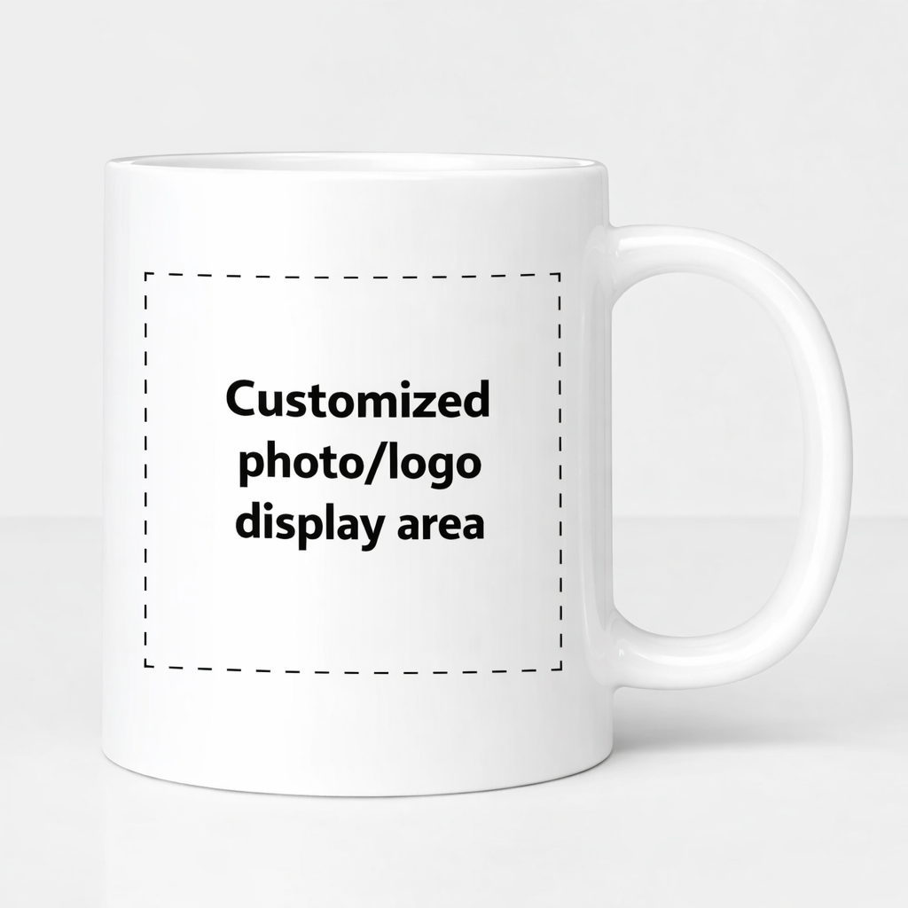 White mug with a customizable photo/logo display area on a white background