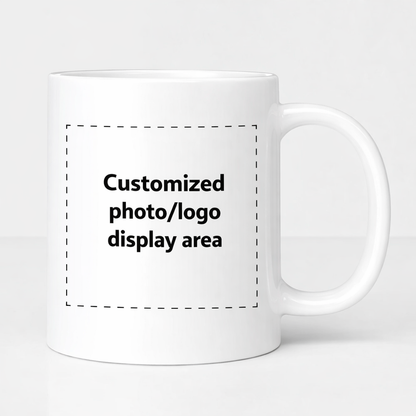 White mug with a customizable photo/logo display area on a white background