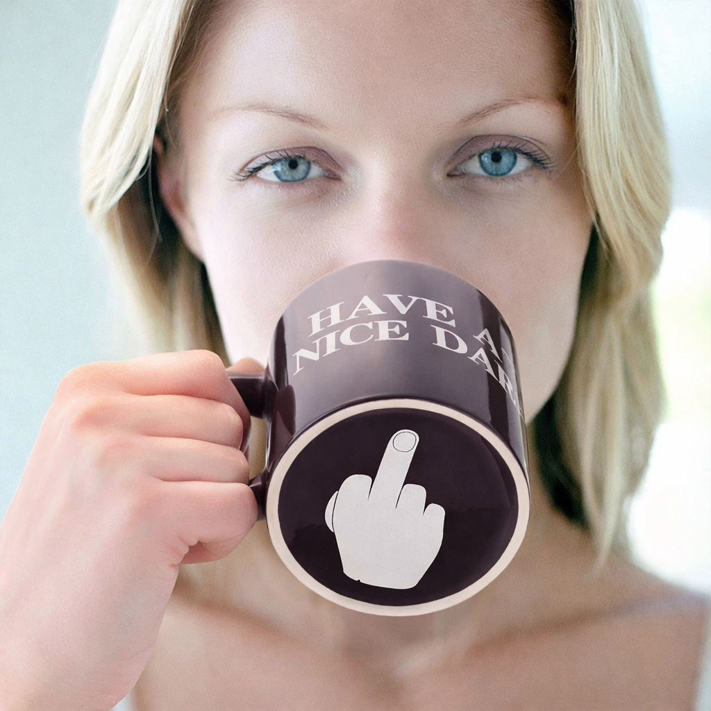 Person holding a mug with 'Have a nice day' and middle finger symbol
