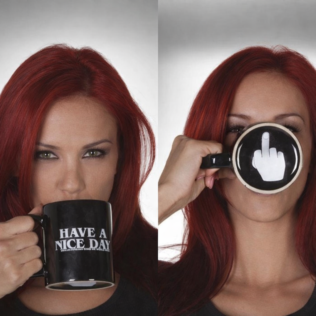 Two images of a woman holding a mug with text, one positive and one negative.