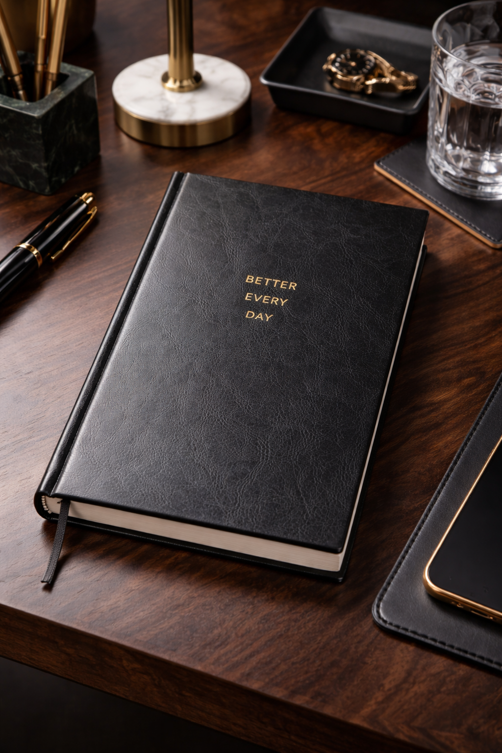 Black notebook with 'Better Every Day' on a wooden desk with office supplies.