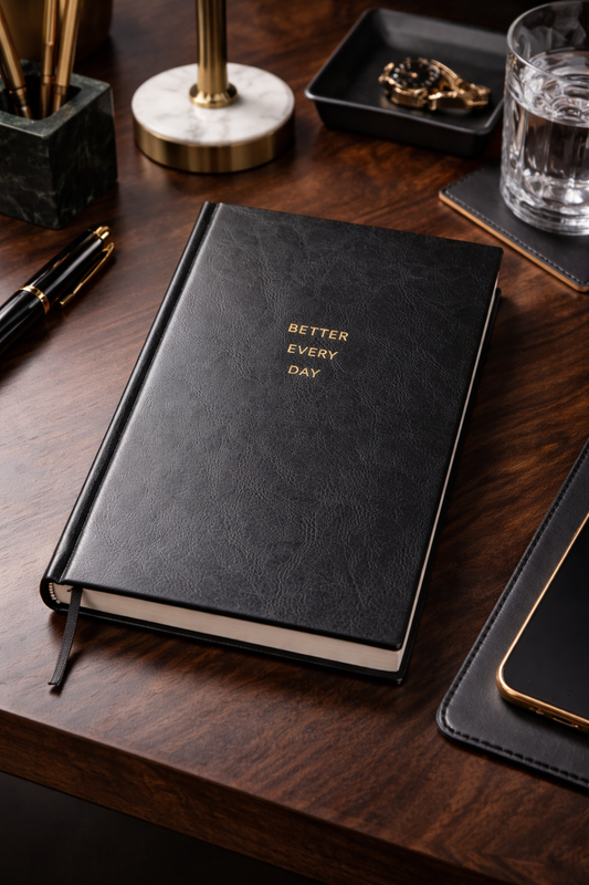 Black notebook with 'Better Every Day' on a wooden desk with office supplies.