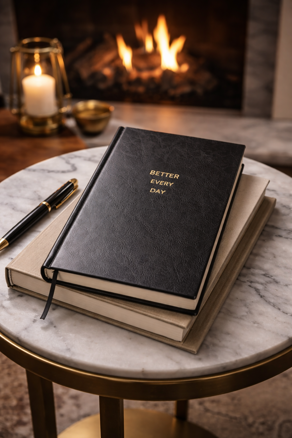 Stack of books on a marble table with a candle and fireplace in the background