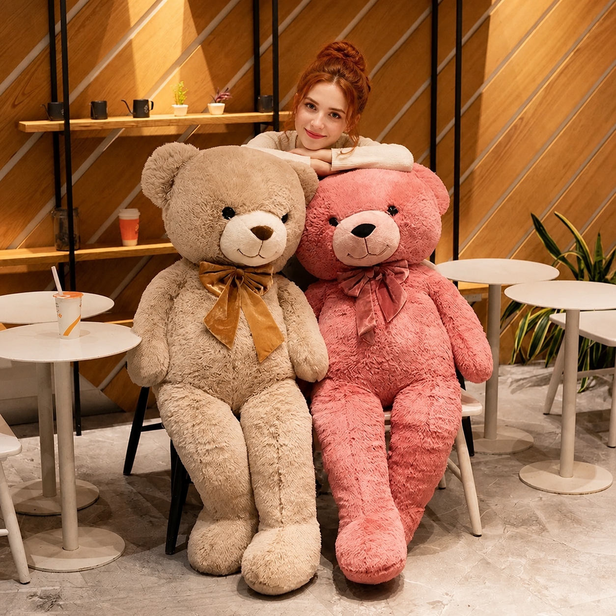 Woman sitting with two large teddy bears in a cafe setting