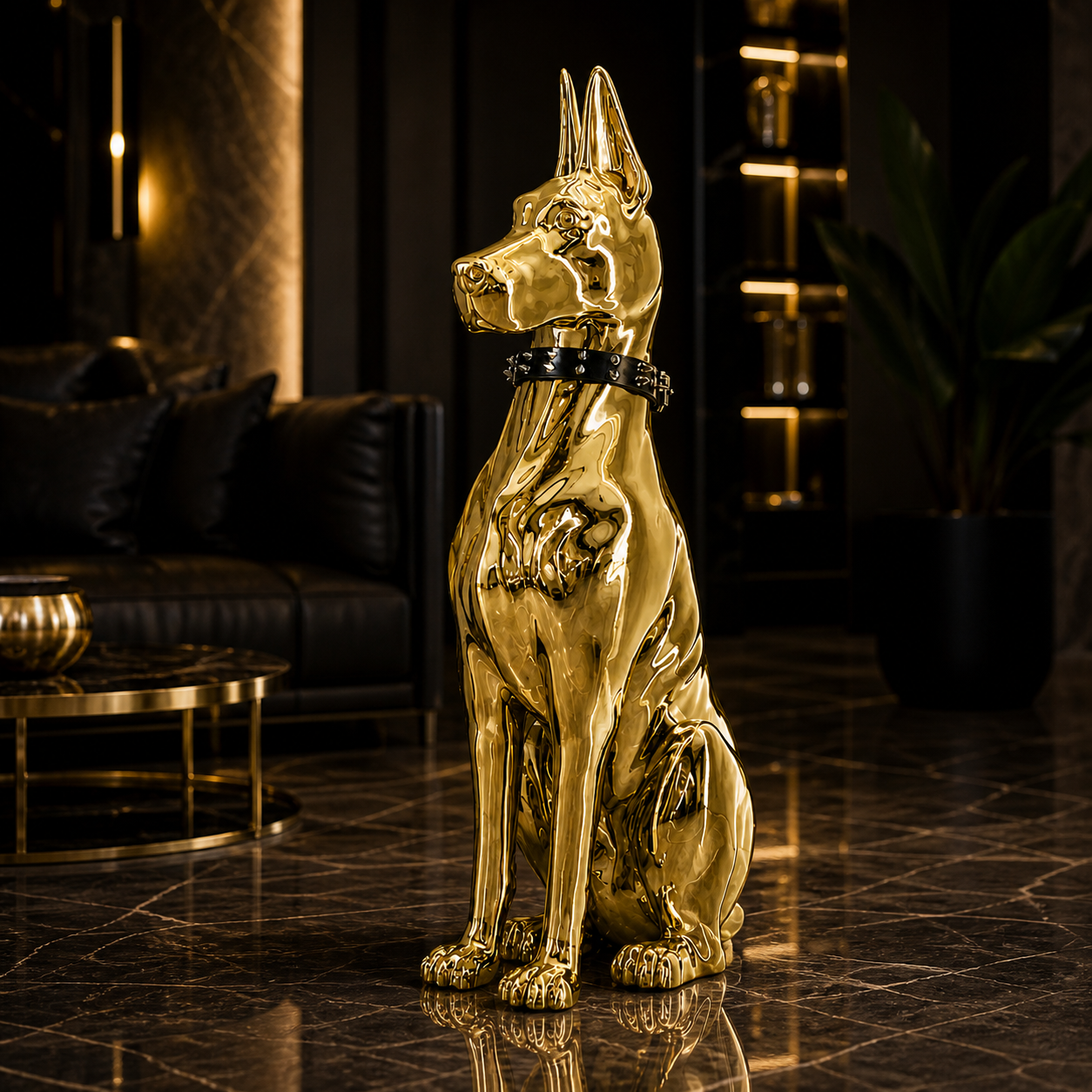 Gold statue of a dog in a luxurious room with dark furniture and decor.