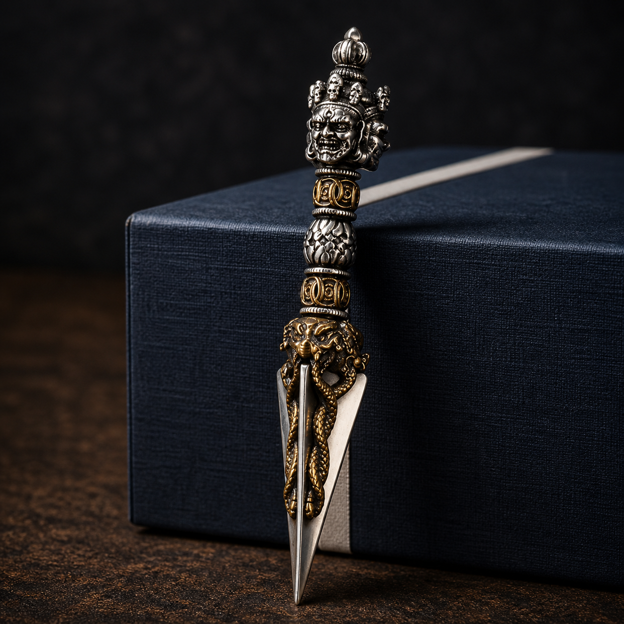 Decorative dagger with intricate designs on a dark background