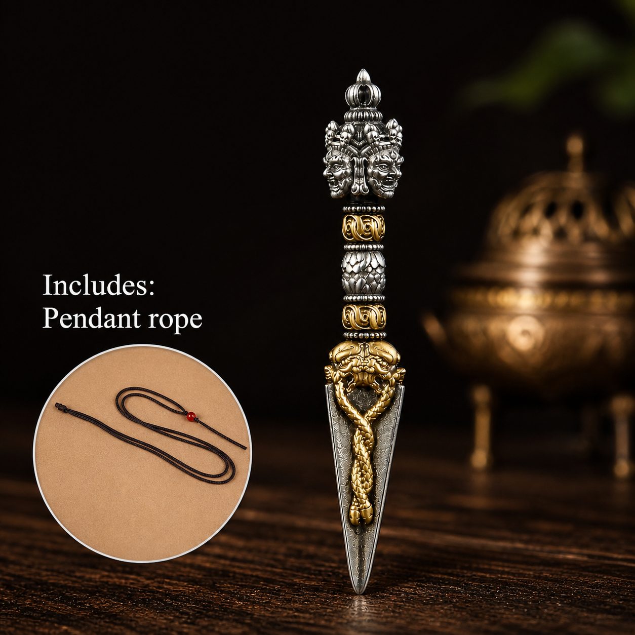 Decorative pendant with gold and silver elements on a dark background