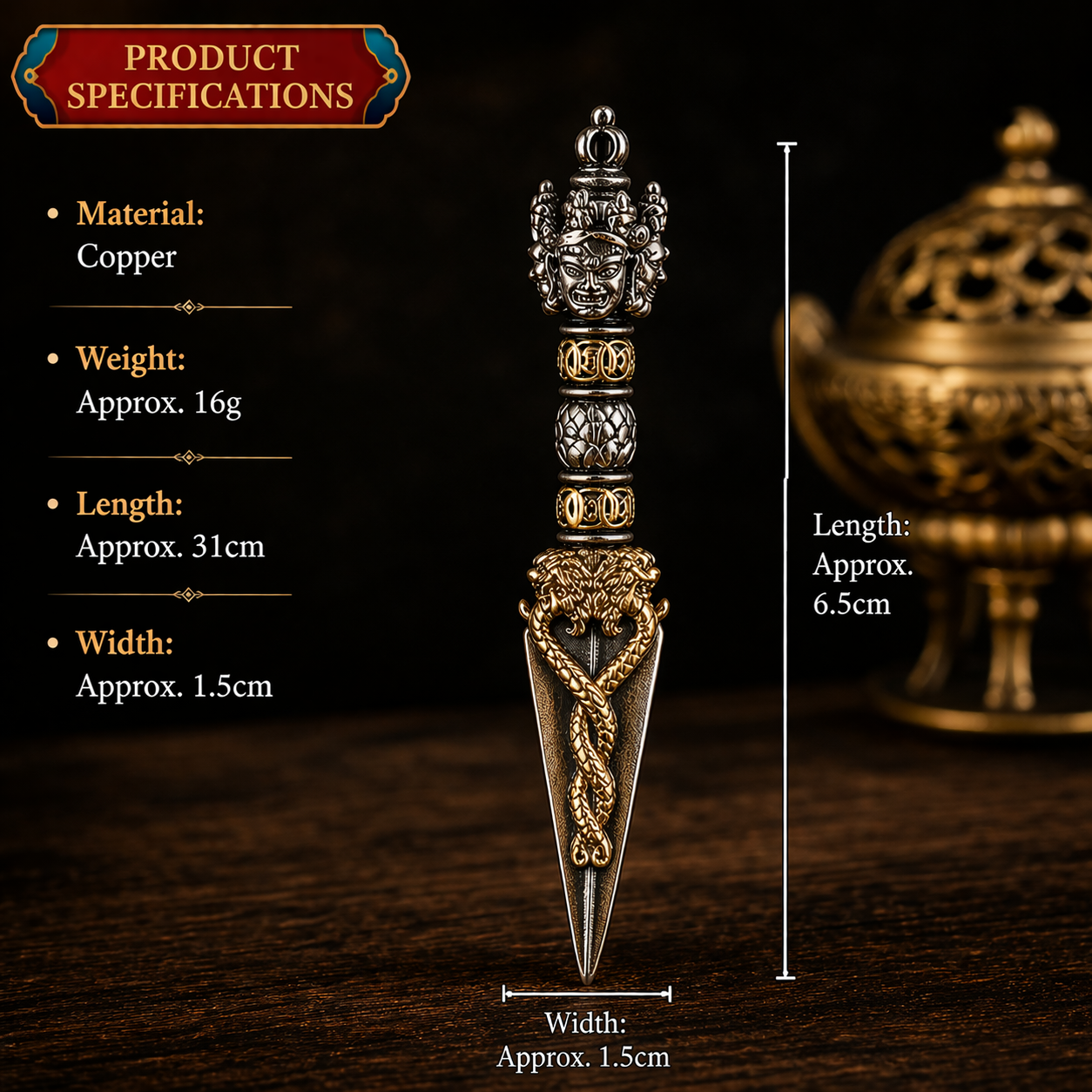Decorative object with specifications on a dark background