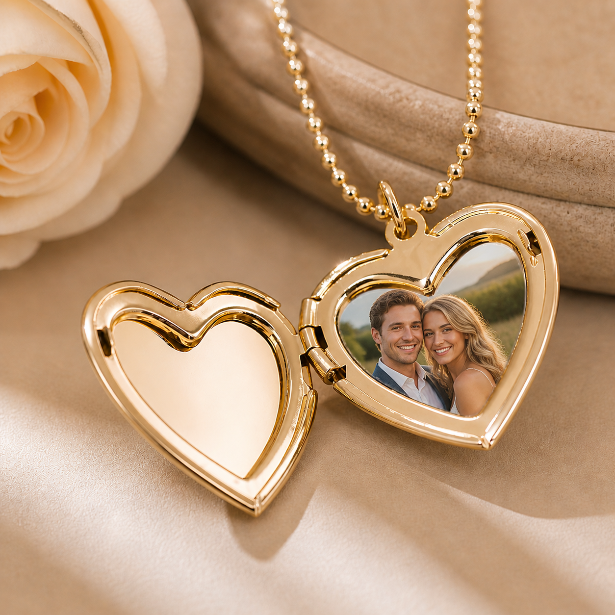 Gold heart-shaped locket with a couple's photo on a beige surface with a rose.