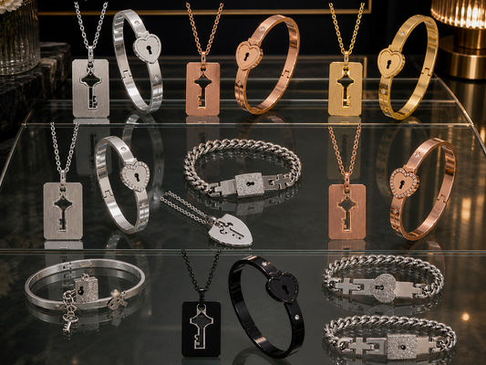 Collection of key-themed jewelry including necklaces, bracelets, and pendants on a reflective surface.