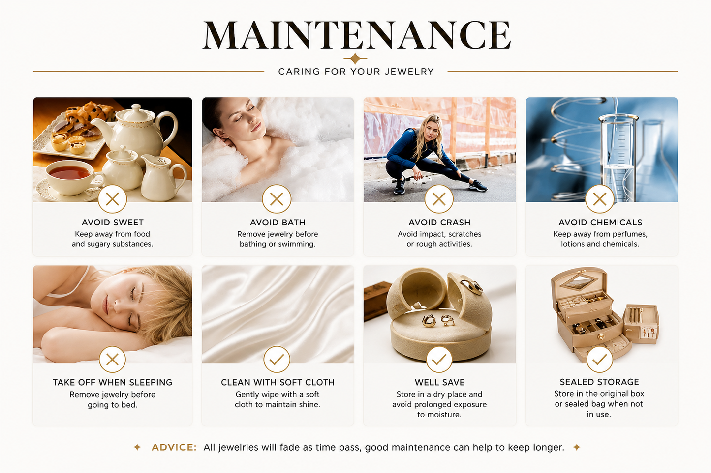 Maintenance guide for jewelry care with various images and text on a white background.