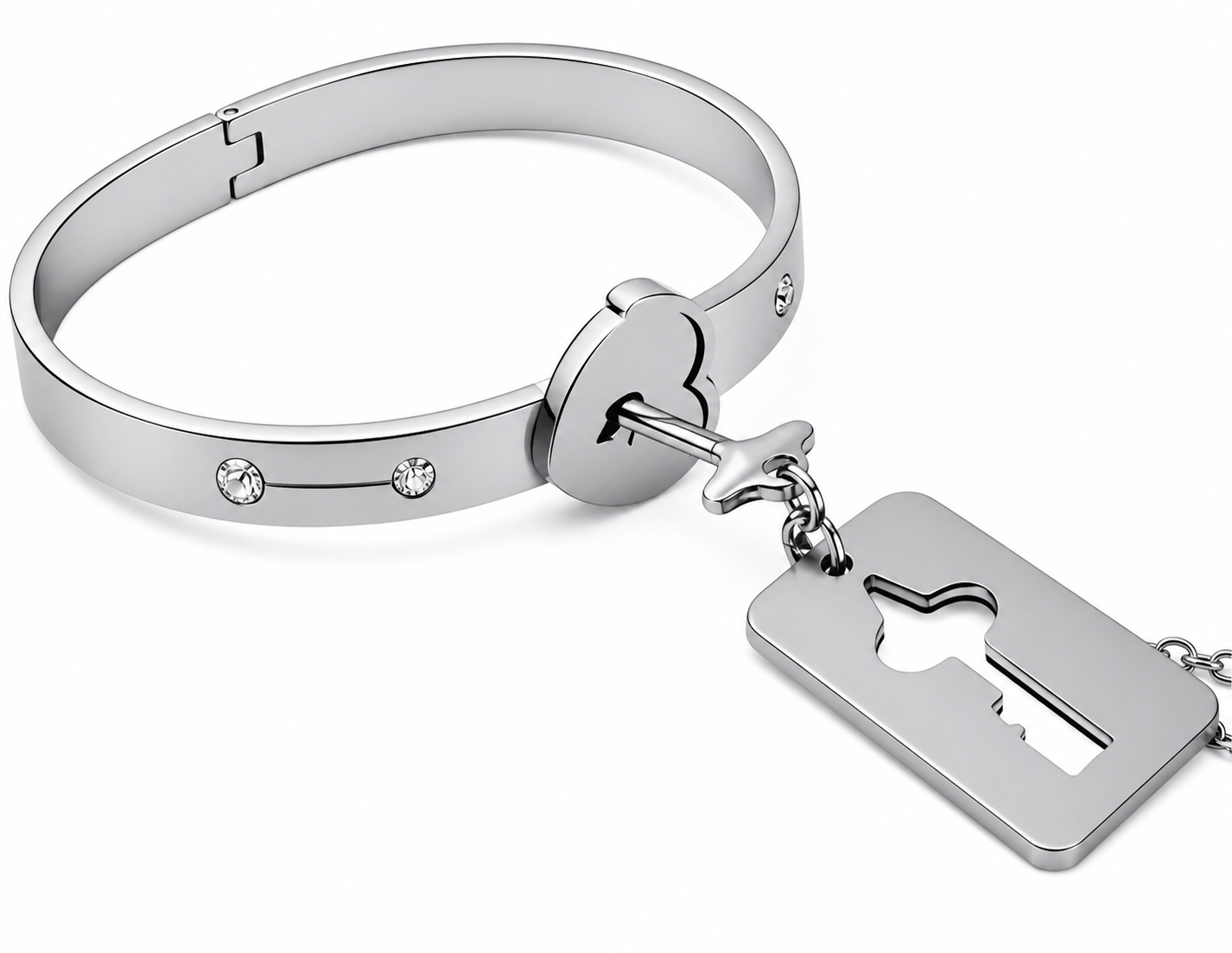 Silver bracelet with key-shaped charm on a white background