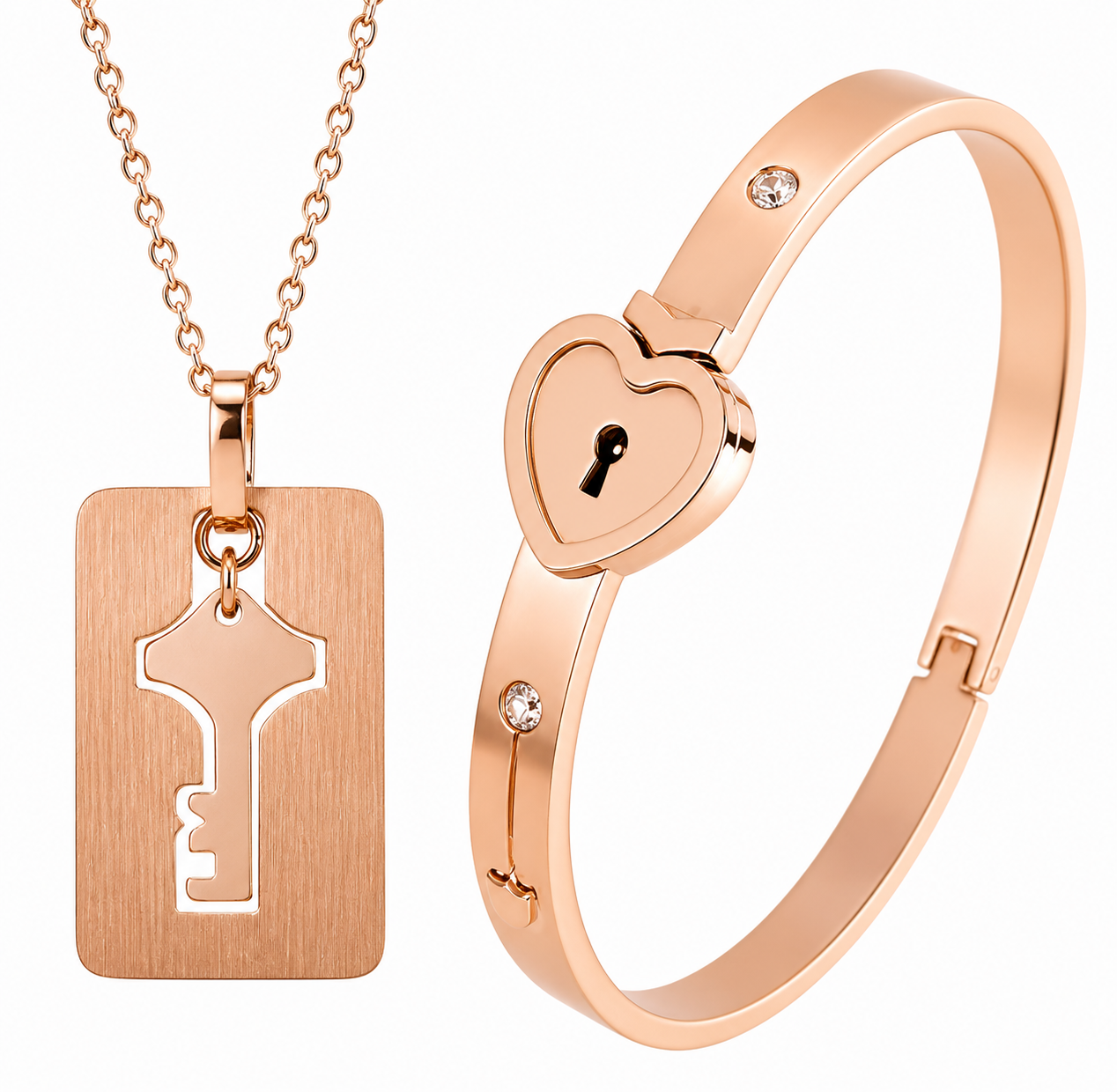 Rose gold necklace with key pendant and heart-shaped lock bracelet on a white background
