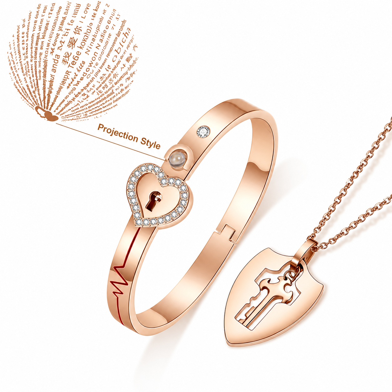 Rose gold bracelet and necklace with heart and lock designs on a white background