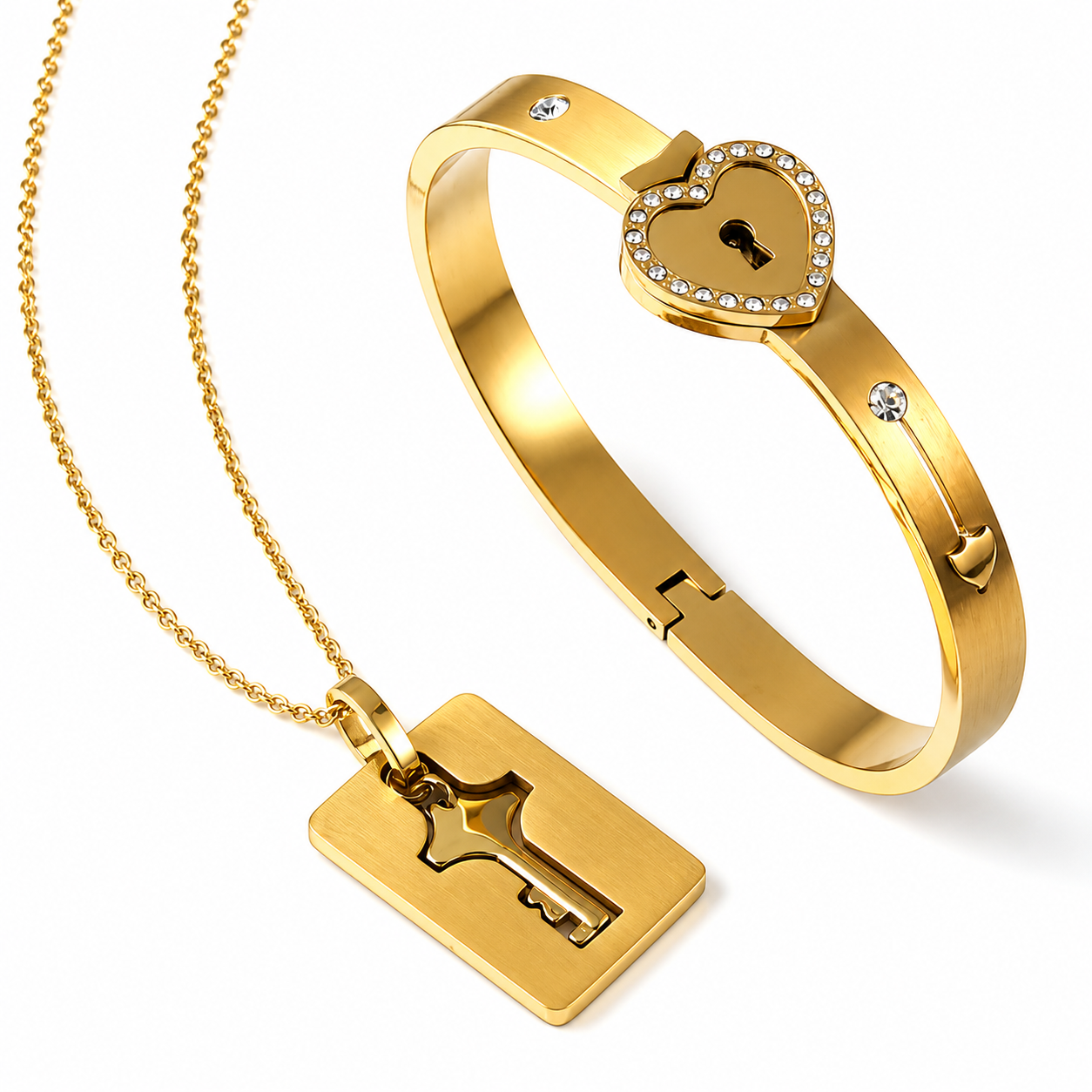 Gold bracelet and necklace set on a white background