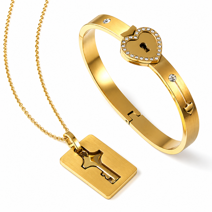 Gold bracelet and necklace set on a white background