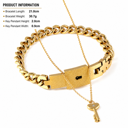 Gold bracelet with key pendant on a white background