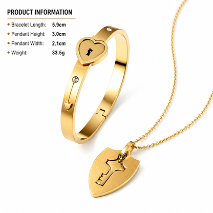 Gold bracelet and heart-shaped pendant with key design on a white background