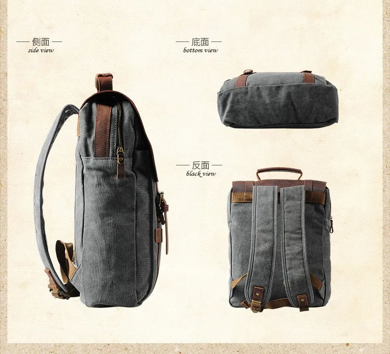Gray backpack shown from side view, bottom view, and back view on a beige background.