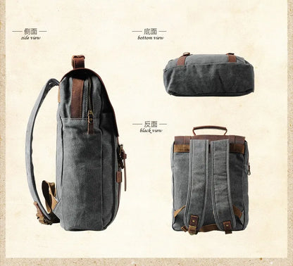 Gray backpack shown from side view, bottom view, and back view on a beige background.