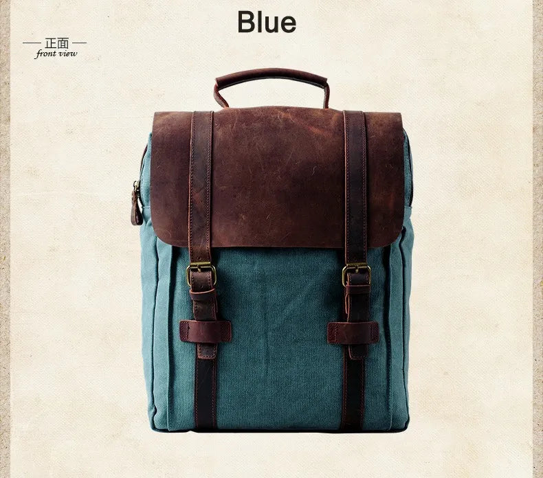 Blue backpack with brown leather straps on a beige background