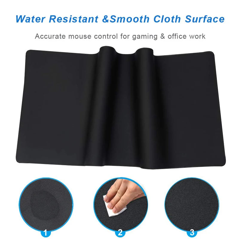 Black mouse pad with text about water resistance and smooth surface, on a white background.