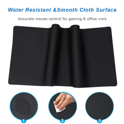Black mouse pad with text about water resistance and smooth surface, on a white background.