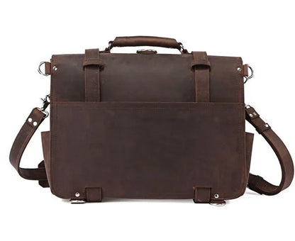 Brown leather briefcase with shoulder strap on a white background