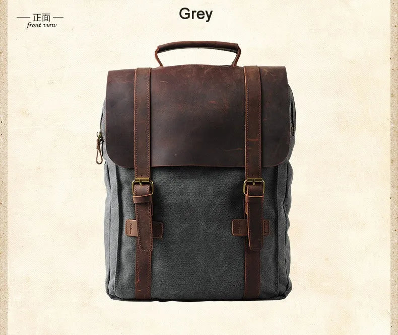 Gray backpack with brown leather straps on a beige background