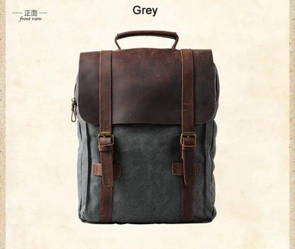 Gray backpack with brown leather straps on a beige background