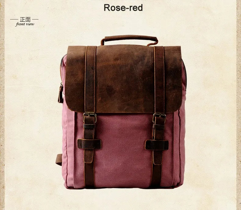 Rose-red backpack with brown leather straps on a beige background