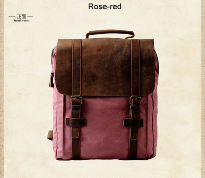 Rose-red backpack with brown leather straps on a beige background
