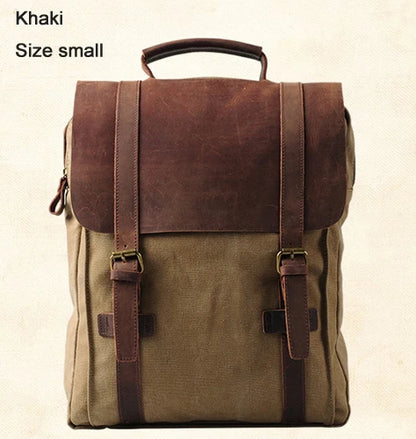 Khaki backpack with brown leather straps on a beige background