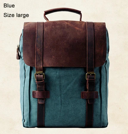 Blue backpack with brown leather straps on a beige background