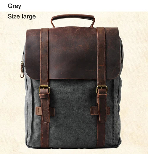 Gray backpack with brown leather straps on a beige background