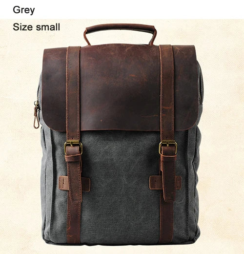 Gray backpack with brown leather straps on a beige background