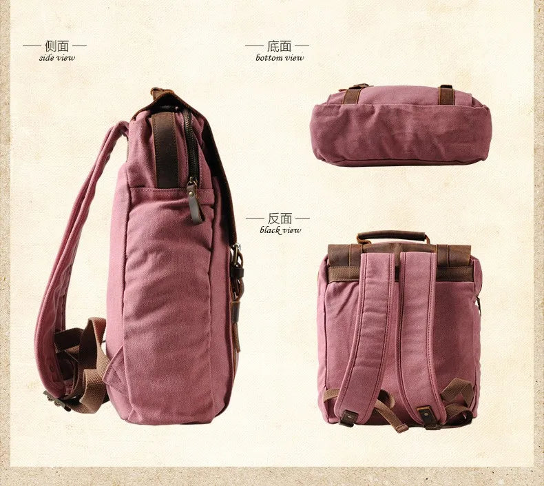 Purple backpack shown from side, bottom, and back views on a beige background.