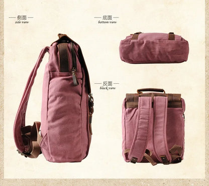 Purple backpack shown from side, bottom, and back views on a beige background.