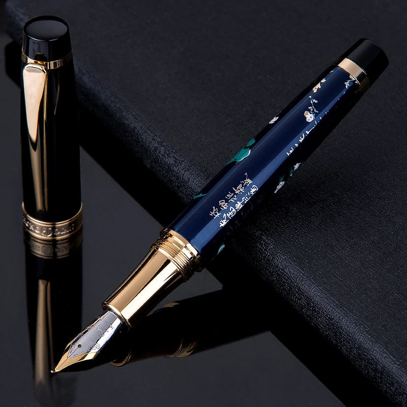 Blue fountain pen with gold accents on a black background