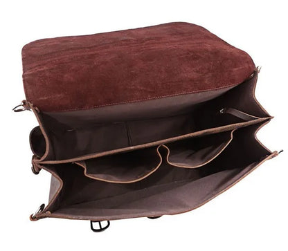Brown leather bag with open compartments on a white background