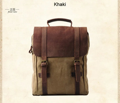 Khaki backpack with brown leather accents on a beige background