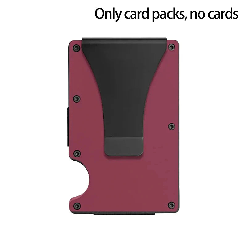 Red and black cardholder on a white background with text 'Only card packs, no cards'.