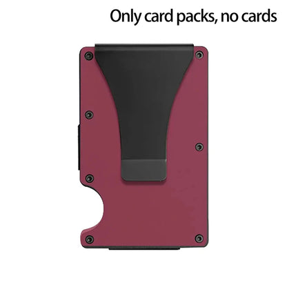 Red and black cardholder on a white background with text 'Only card packs, no cards'.