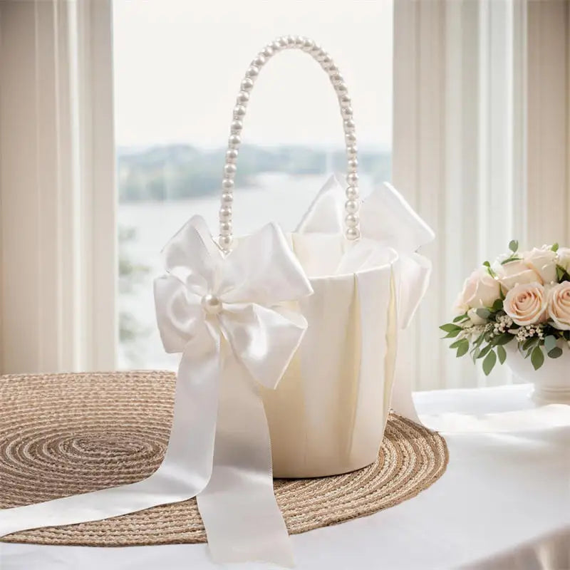 Decorative white basket with a large bow on a table near a window with a view of water.