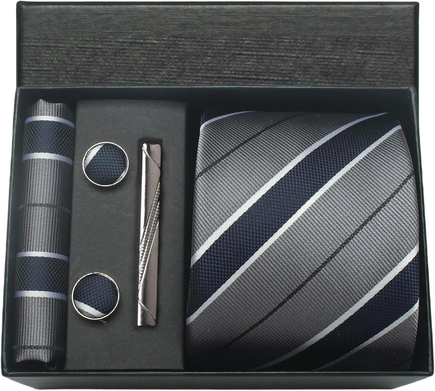 Set of tie, tie clip, and cufflinks in a black box